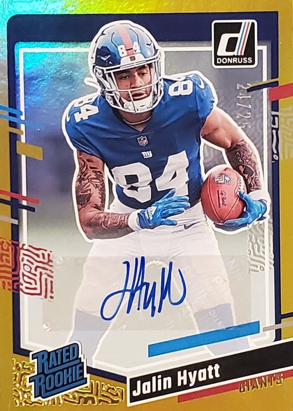 Jalin Hyatt 2023 Donruss #378 Rated Rookie Autographs - Gold /25 Rookie BGS 9