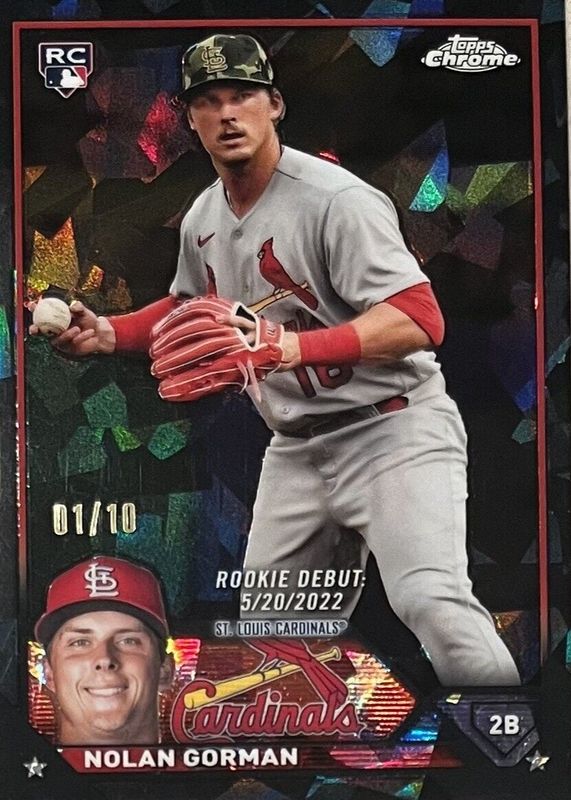 Nolan Gorman 2023 Topps Chrome Update Sapphire Edition #USCS221 Rookie Debut - Black /10 Rookie PSA 10