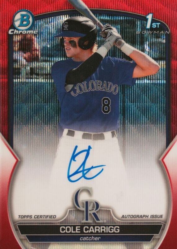 Cole Carrigg 2023 Bowman Draft #CDA-CC Chrome DP Auto - Red Wave Refractor /5 (1st) PSA 10