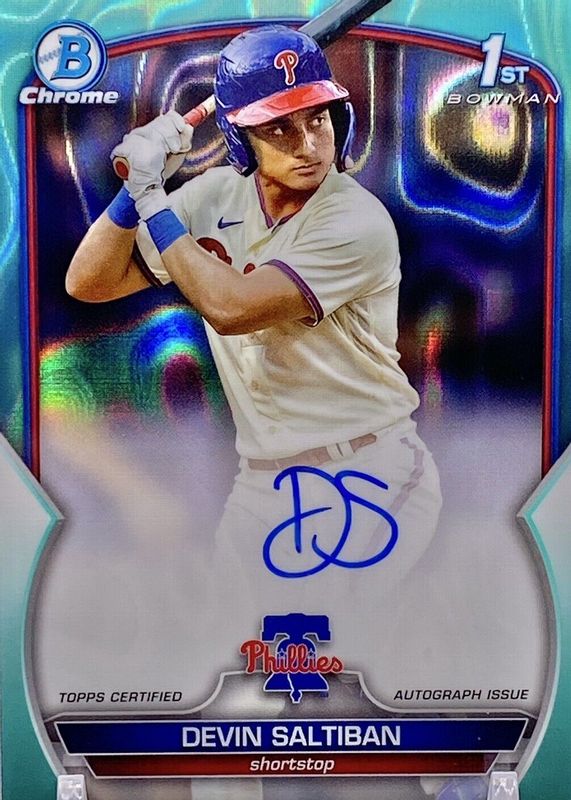 Devin Saltiban 2023 Bowman Draft #CDA-DS Chrome DP Auto - Aqua Lava Refractor /199 (1st) PSA 10