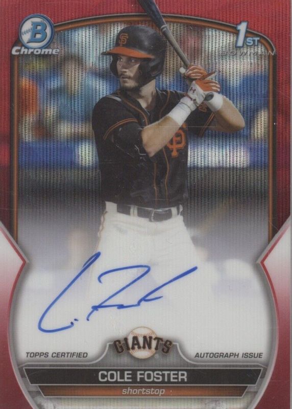 Cole Foster 2023 Bowman Draft #CDA-CF Chrome DP Auto - Red Wave Refractor /5 (1st) RAW
