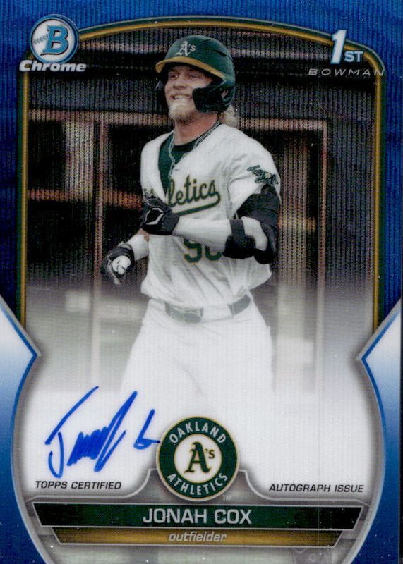 Jonah Cox 2023 Bowman Draft #CDA-JCO Chrome DP Auto - Blue Wave Refractor /150 (1st) RAW