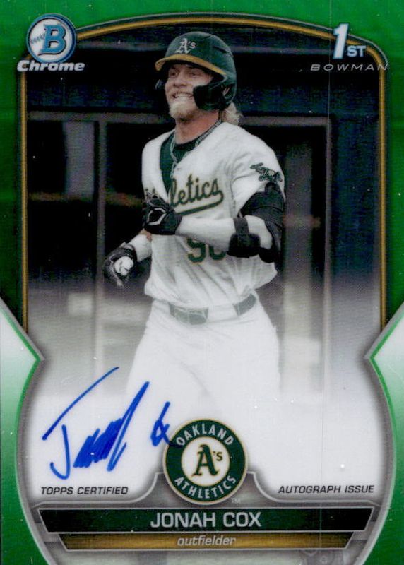 Jonah Cox 2023 Bowman Draft #CDA-JCO Chrome DP Auto - Green Refractor /99 (1st) RAW