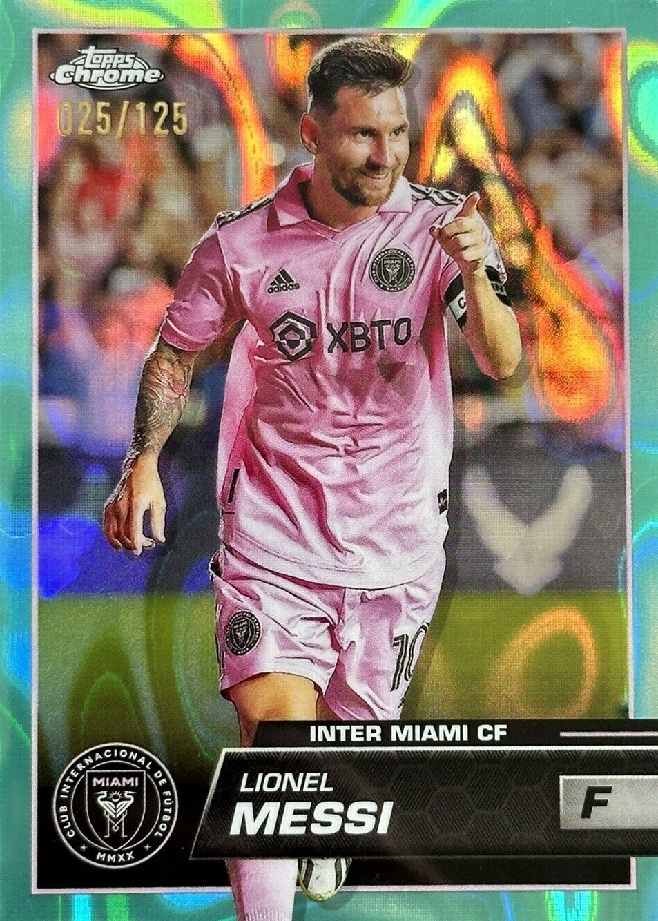Lionel Messi 2023 Topps Chrome MLS #58 Aqua Lava Refractor /125