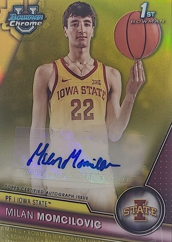 Milan Momcilovic 2023 Bowman Chrome University #BCPA-MM Prospect Auto - Yellow Refractor /75 (1st) PSA 10