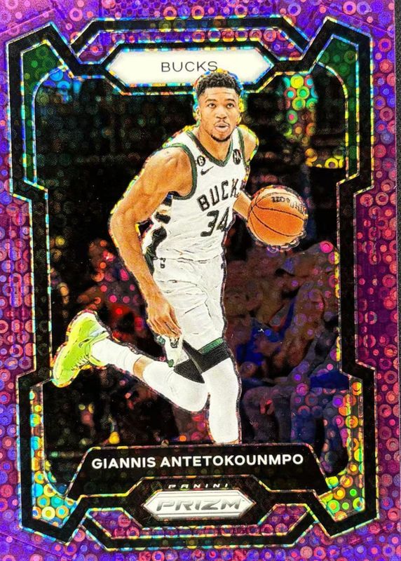 Giannis Antetokounmpo 2023 Prizm #103 Fast Break Purple /75 PSA 8