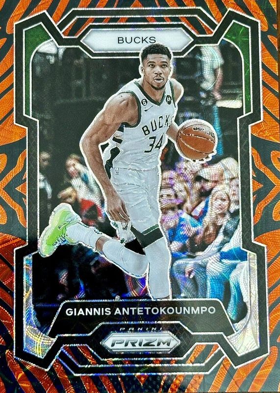 Giannis Antetokounmpo 2023 Prizm #103 Choice Tiger Stripe /(SSP) PSA 10