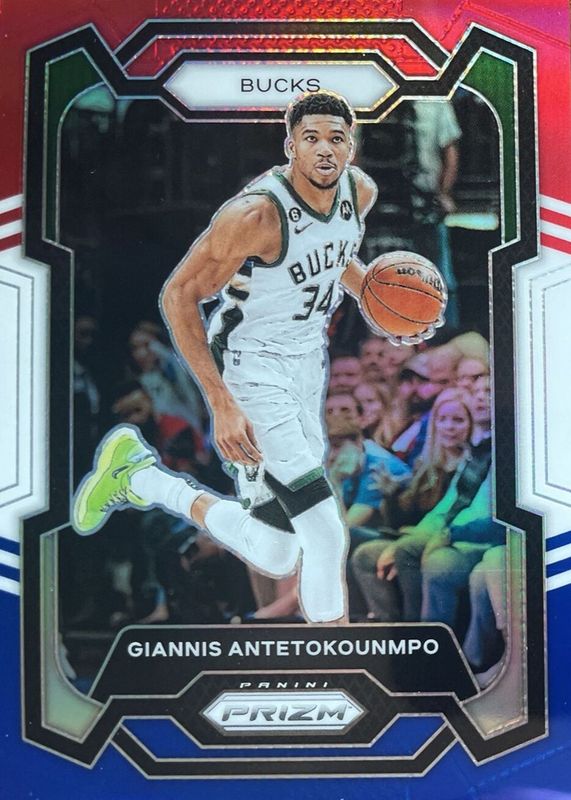 Giannis Antetokounmpo 2023 Prizm #103 Red White Blue PSA 10