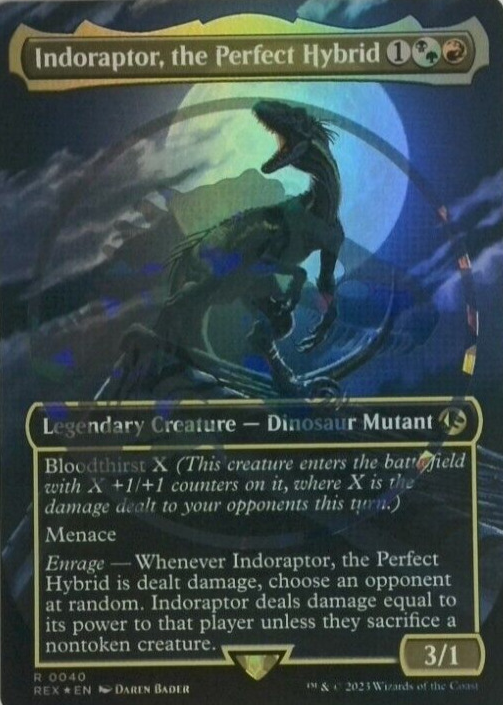 indoraptor mtg card Indoraptor, the Perfect Hybrid [40] [Borderless] [Emblem] [Universes Beyond: Jurassic World Collection] [Foil]  Face to Face Games the Perfect Hybrid is dealt damage Indoraptor, the Perfect Hybrid (Borderless)