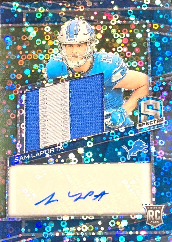 Sam LaPorta 2023 Spectra #232 Rookie Patch Auto - Neon Blue /50 RAW