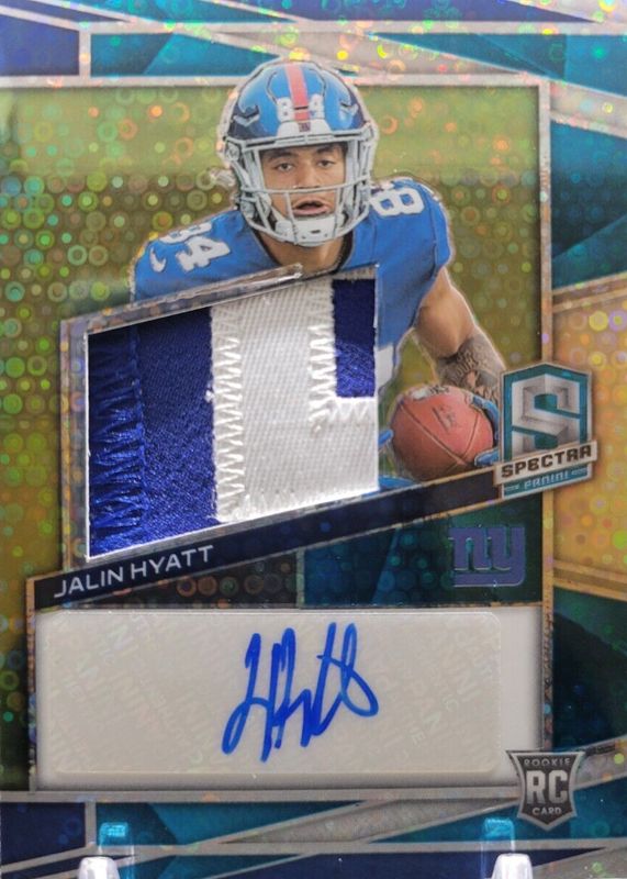 Jalin Hyatt 2023 Spectra #215 Rookie Patch Auto - Neon Blue /50 RAW