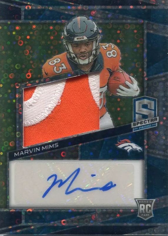 Marvin Mims 2023 Spectra #225 Rookie Patch Auto - Neon Blue /50 RAW