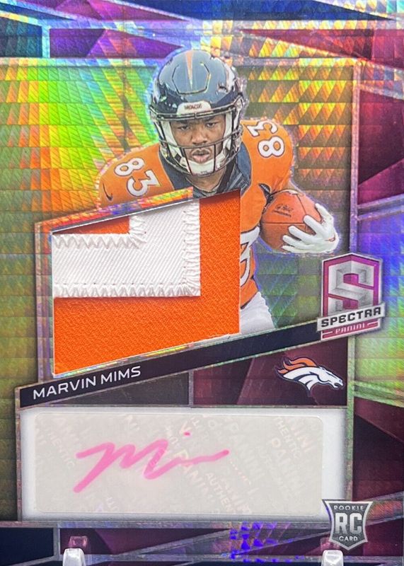 Marvin Mims 2023 Spectra #225 Rookie Patch Auto - Neon Pink /25 RAW