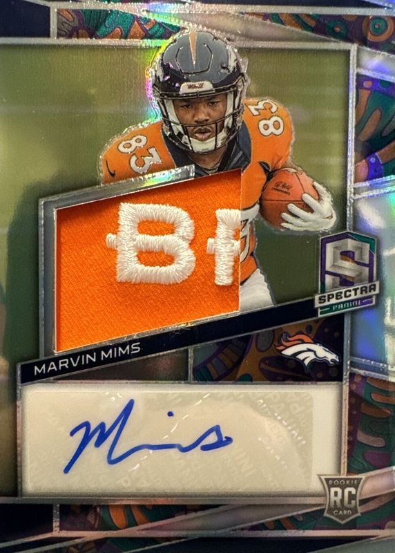 Marvin Mims 2023 Spectra #225 Rookie Patch Auto - Psychedelic /5 RAW