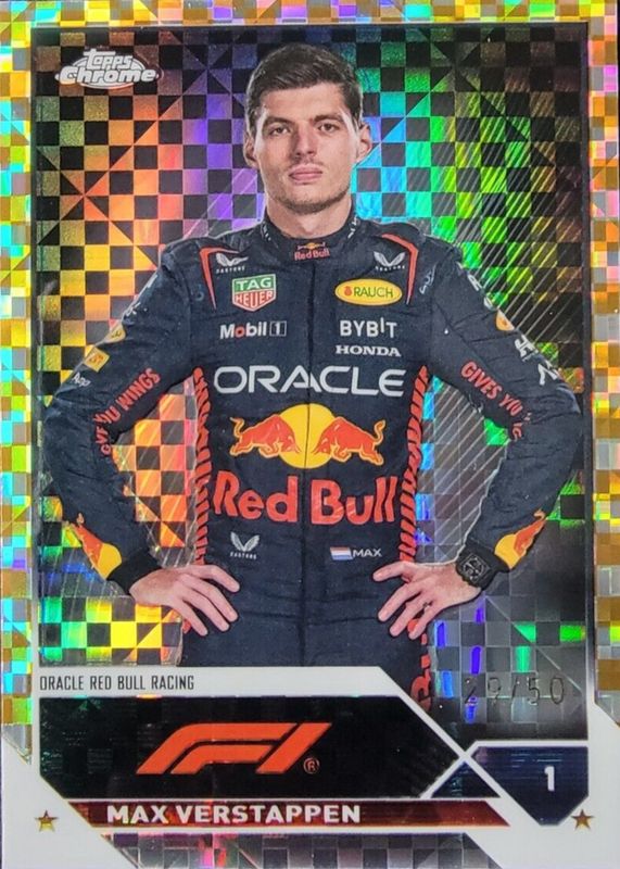 Max Verstappen 2023 Topps Chrome Formula 1 #1 Gold Checker Flag Refractor /50 PSA 8