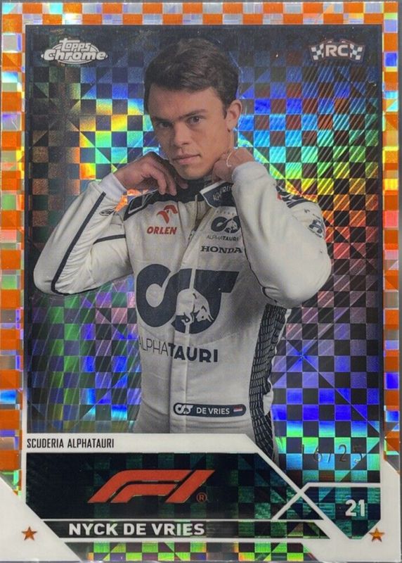 Nyck de Vries 2023 Topps Chrome Formula 1 #67 Orange Checker Flag Refractor /25 Rookie PSA 10