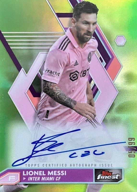 Lionel Messi 2023 Topps Finest MLS #A-LM Autographs - Neon Green Refractor /99 PSA 8