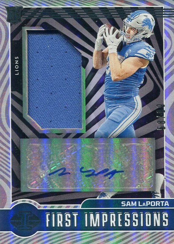 Sam LaPorta 2023 Illusions #131 First Impressions Memorabilia Autographs - Blue /99 Rookie RAW