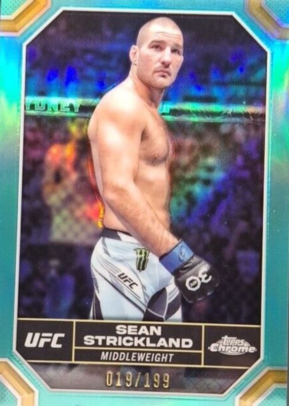 Sean Strickland 2024 Topps Chrome UFC #174 Aqua Refractor /199 BGS 9