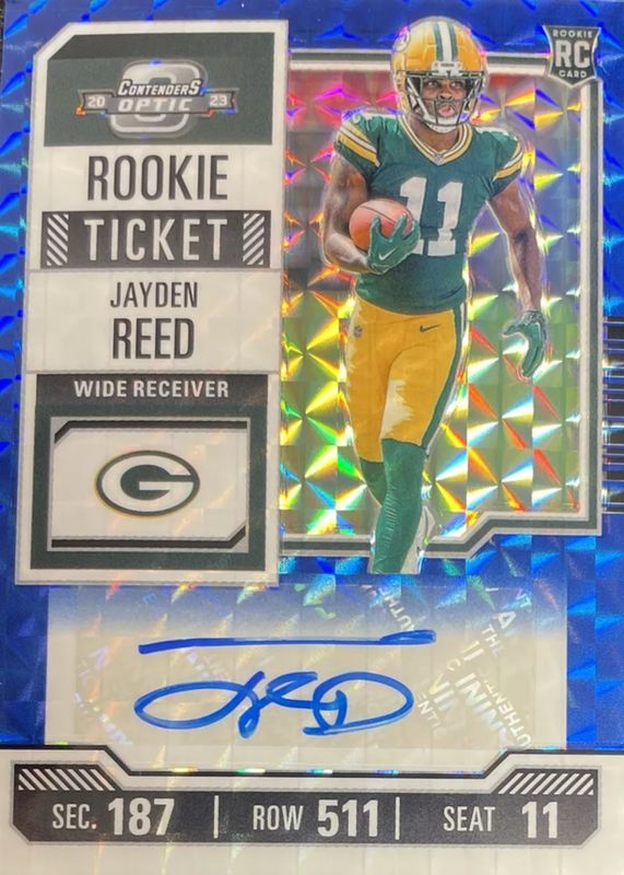 Jayden Reed 2023 Zenith #118 Contenders Optic Rookie Ticket Auto Preview - Blue /23 (Ball in Right Hand) Rookie BGS 10 PRISTINE