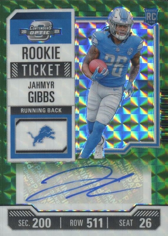 Jahmyr Gibbs 2023 Zenith #116 Contenders Optic Rookie Ticket Auto Preview - Green /23 (Ball in Right Hand) PSA 10