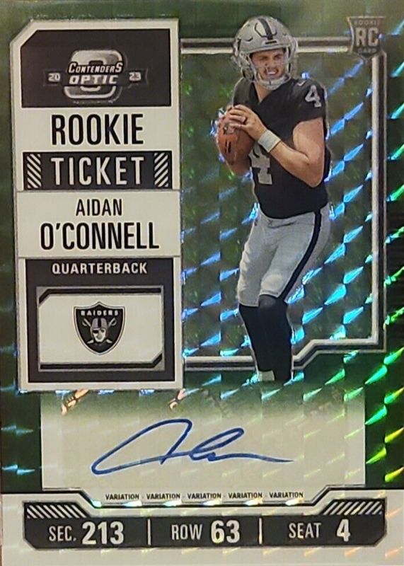 Aidan O'Connell 2023 Zenith #127 Contenders Optic Rookie Ticket Auto Preview - Green /23 (Shoe Visible) Rookie SGC 9.5