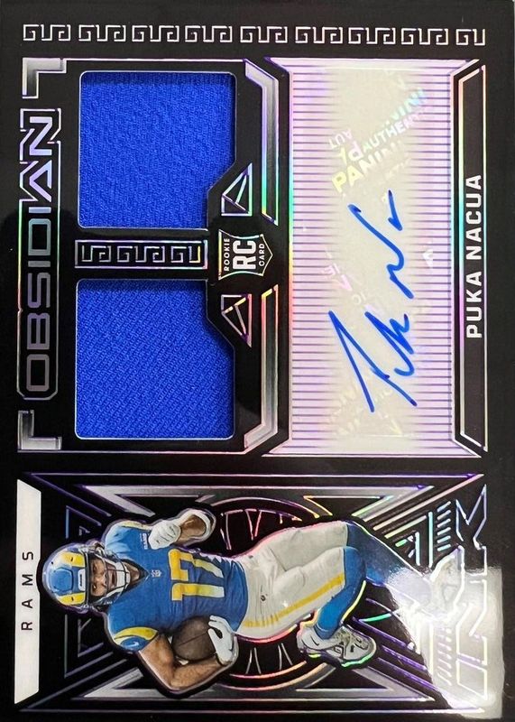 Puka Nacua 2023 Obsidian #216 Rookie Jersey Autographs - Electric Etch Purple /75 PSA 9