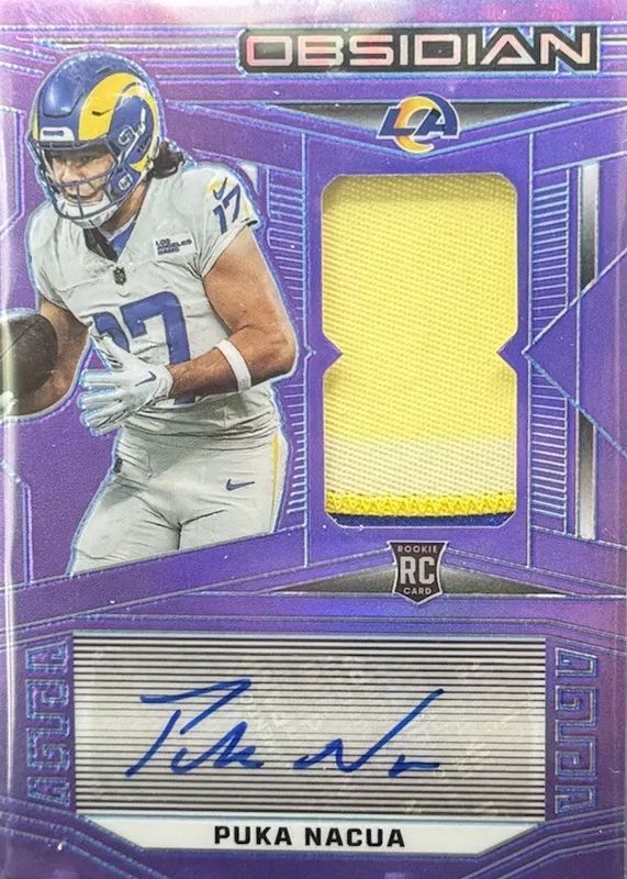 Puka Nacua 2023 Obsidian #216 Rookie Jersey Autographs - Electric Etch Purple Flood /30 Rookie RAW