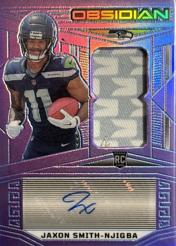 Jaxon Smith-Njigba 2023 Obsidian #203 Rookie Jersey Autographs - Electric Etch Purple Flood /30 PSA 10