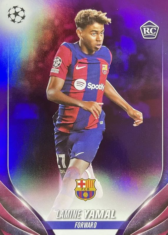 Lamine Yamal 2023 Topps UEFA Club Competitions #64 Purple Foil /299 Rookie RAW