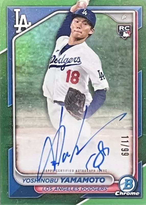 Yoshinobu Yamamoto 2024 Bowman #CRA-YY Chrome Rookie Auto - Green Refractor /99 Rookie PSA 8