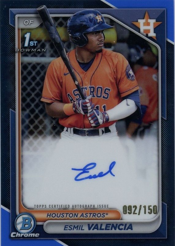 Esmil Valencia 2024 Bowman #CPA-EVI Chrome Prospect Auto - Blue Refractor /150 (1st) RAW