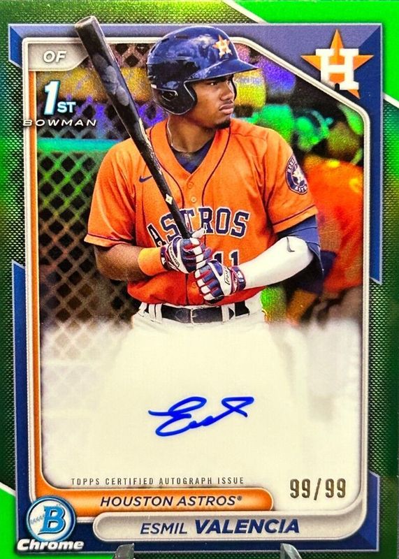 Esmil Valencia 2024 Bowman #CPA-EVI Chrome Prospect Auto - Green Refractor /99 (1st) RAW