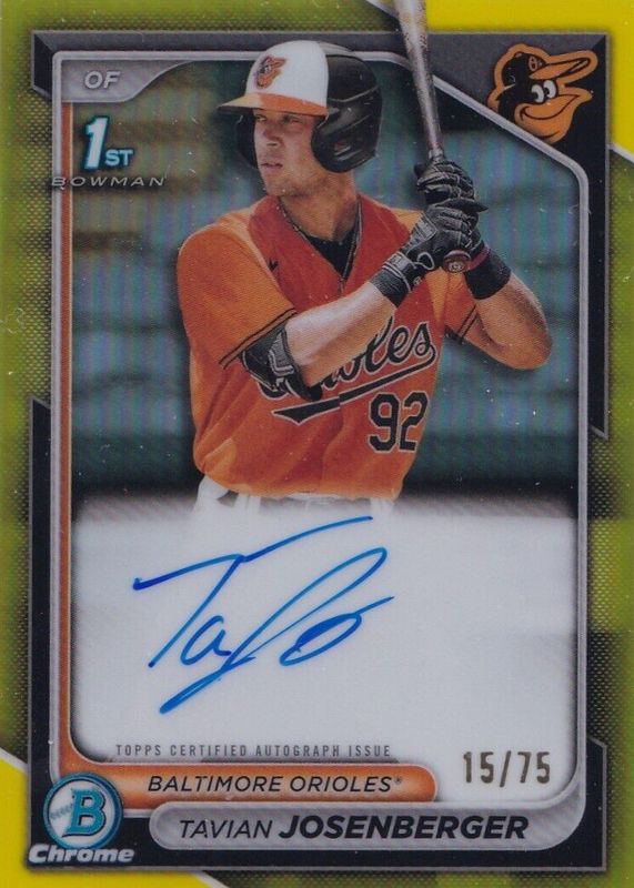 Tavian Josenberger 2024 Bowman #CPA-TJ Chrome Prospect Auto - Yellow Refractor /75 (1st) RAW