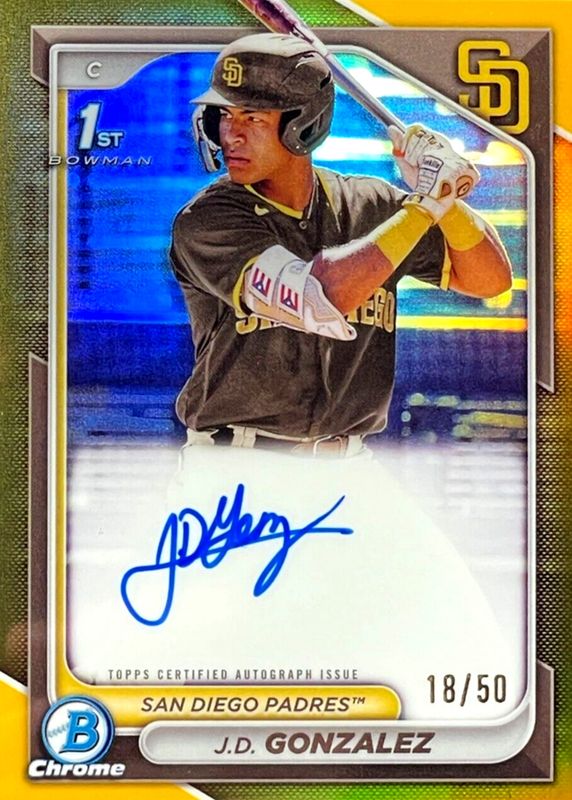 JD Gonzalez 2024 Bowman #CPA-JGO Chrome Prospect Auto - Gold Refractor /50 (1st) RAW