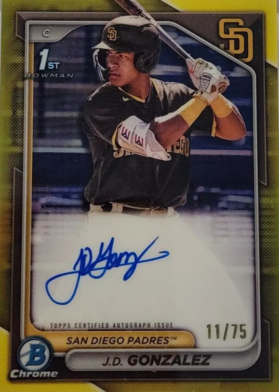 JD Gonzalez 2024 Bowman #CPA-JGO Chrome Prospect Auto - Yellow Refractor /75 (1st) RAW