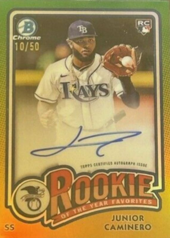 Junior Caminero 2024 Bowman #ROY-JC Rookie of the Year Favorites Autographs - Gold Refractor /50 Rookie PSA 8