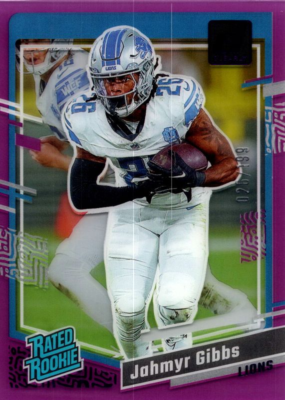 Jahmyr Gibbs 2023 Clearly Donruss #62 Purple /199 Rookie SGC 9.5