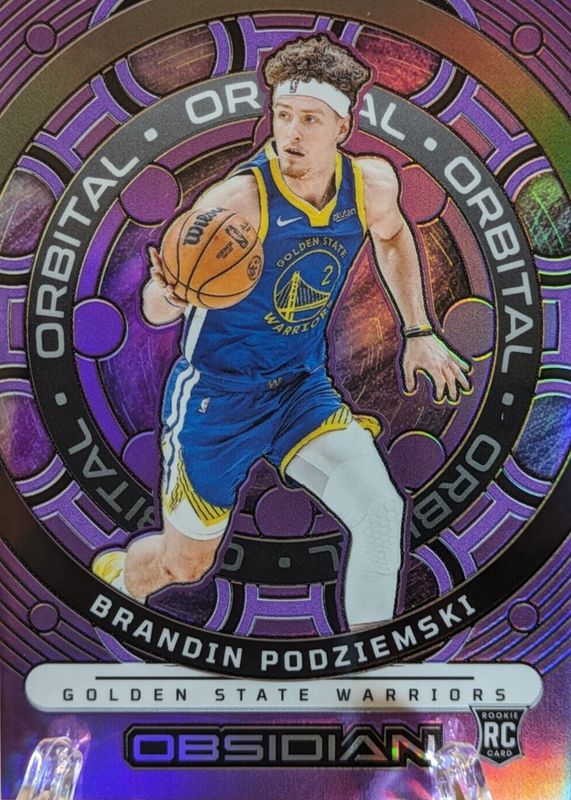 Brandin Podziemski 2023 Obsidian #8 Orbital - Electric Etch Purple Flood /49 Rookie PSA 10