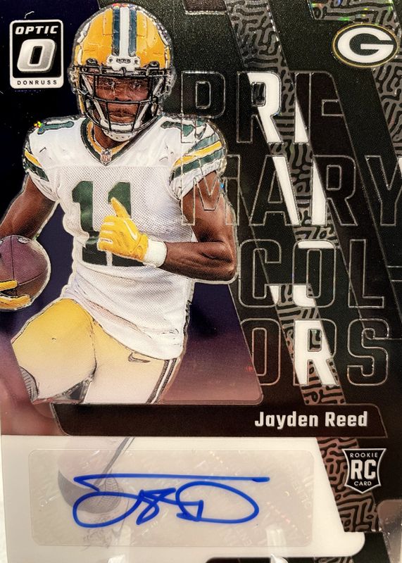 Jayden Reed 2023 Optic #12 Rookie Primary Colors Autographs - Purple Stars /25 PSA 10