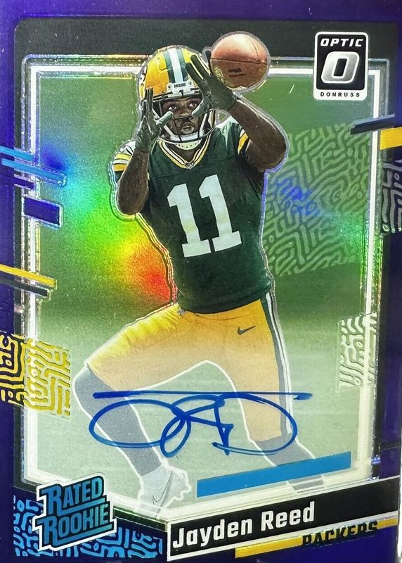 Jayden Reed 2023 Optic #239 Rated Rookie Autographs - Purple /35 Rookie SGC 10