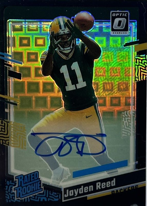 Jayden Reed 2023 Optic #239 Rated Rookie Autographs - Black Pandora /25 Rookie RAW