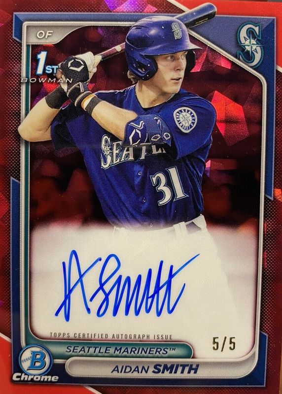 Aidan Smith 2024 Bowman Sapphire Edition #BSPA-ASM Chrome Prospect Auto - Red /5 (1st) PSA 10