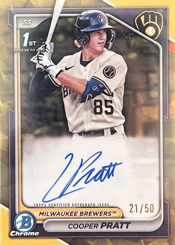 Cooper Pratt 2024 Bowman Sapphire Edition #BSPA-CPR Chrome Prospect Auto - Gold /50 (1st) SGC 9.5