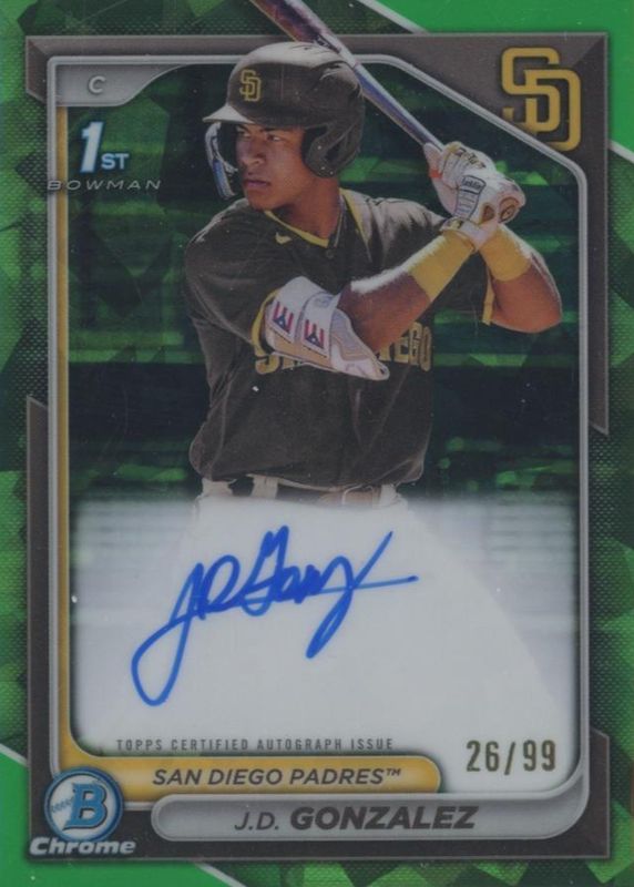 JD Gonzalez 2024 Bowman Sapphire Edition #BSPA-JGO Chrome Prospect Auto - Green /99 (1st) PSA 10