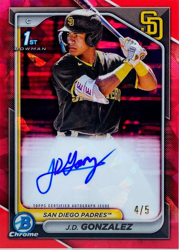 JD Gonzalez 2024 Bowman Sapphire Edition #BSPA-JGO Chrome Prospect Auto - Red /5 (1st) PSA 10