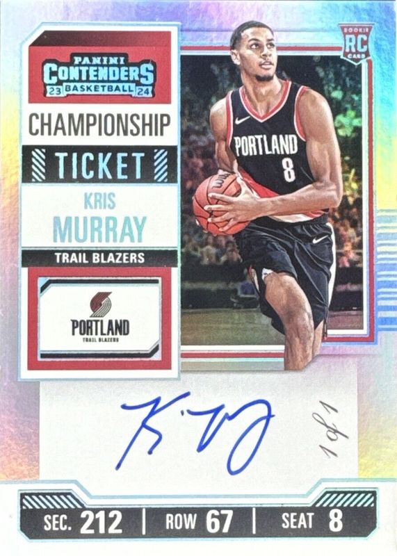 Kris Murray 2023 Contenders #125 Rookie Ticket Auto - Championship Ticket /1 PSA 10