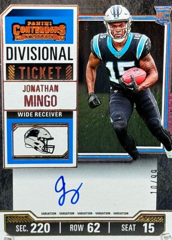 Jonathan Mingo 2023 Contenders #119 Rookie Ticket Auto - Divisional Ticket /99 PSA 10