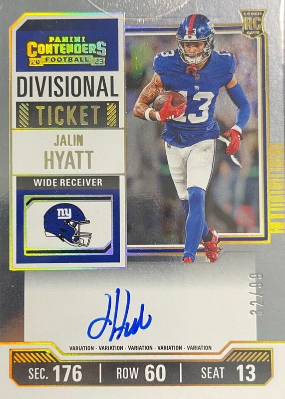 Jalin Hyatt 2023 Contenders #115 Rookie Ticket Auto Variation - Divisional Ticket /99 PSA 10