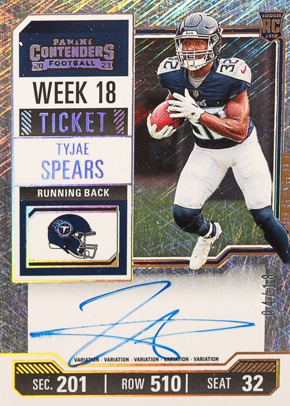 Tyjae Spears 2023 Contenders #137 Rookie Ticket Auto Variation - Week 18 /18 Rookie PSA 9